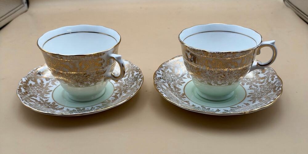 Vintage Colclough Bone China Tea Cups Saucers Mint Green Gold Set of 2